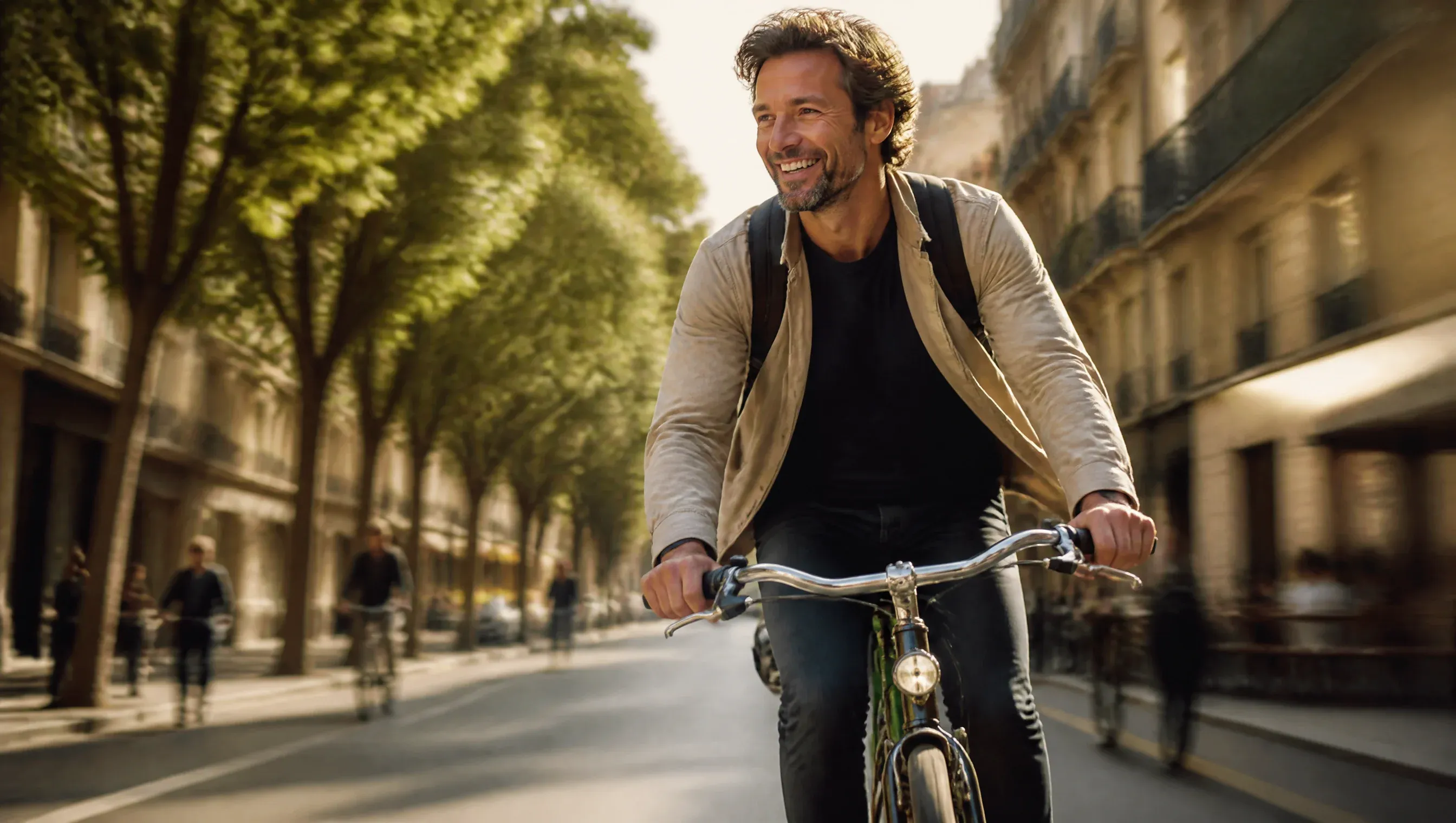 Homme d’une quarantaine d’années souriant sur son vélo dans une rue ensoleillée
