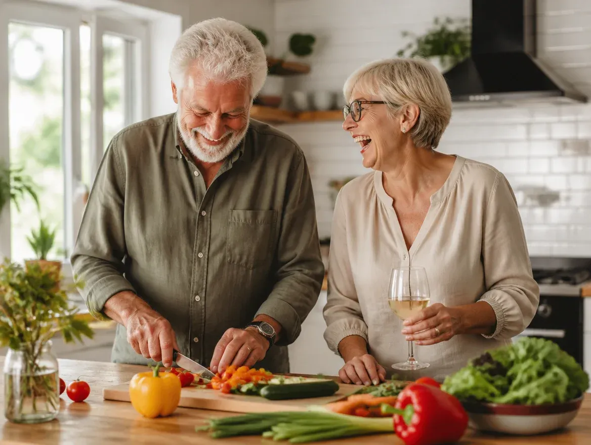 Couple d’une soixantaine d’années cuisinant et riant ensemble