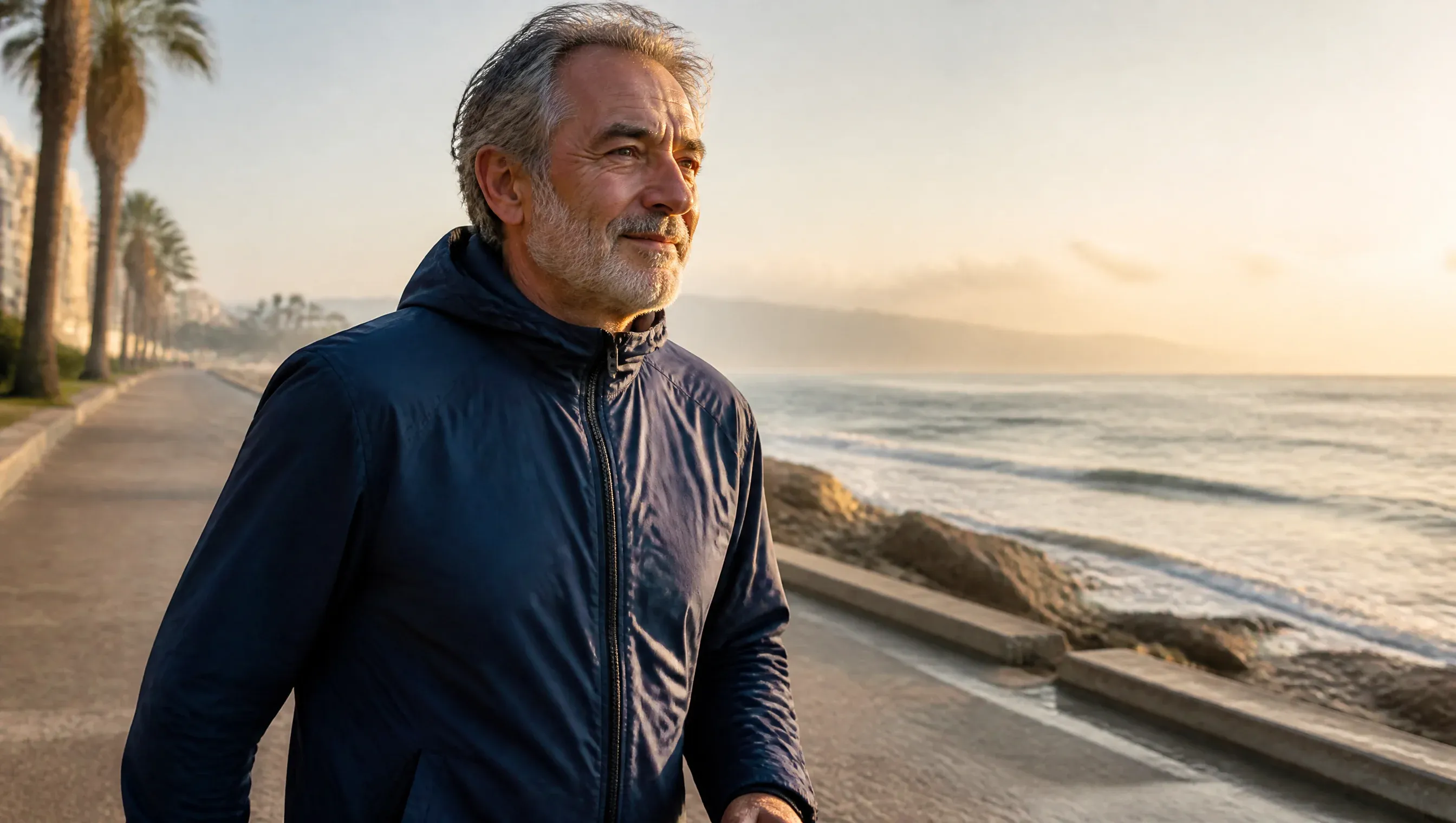 Homme d’une soixantaine d’années marchant au bord de la mer au petit matin