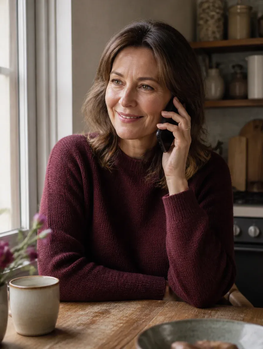 Femme d’une cinquantaine d’années au téléphone dans sa cuisine